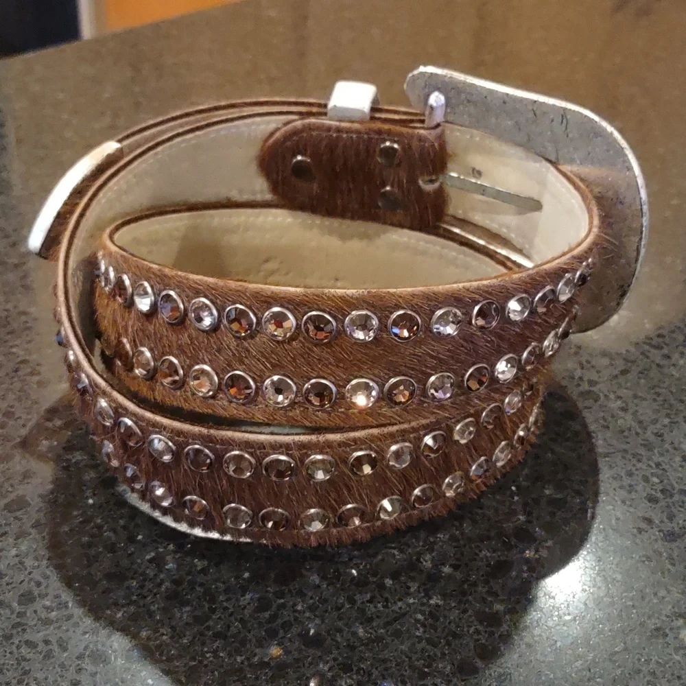 B.B. Simon | Crystal Embellished Brown Calf Hair Cowgirl Formal Western Belt